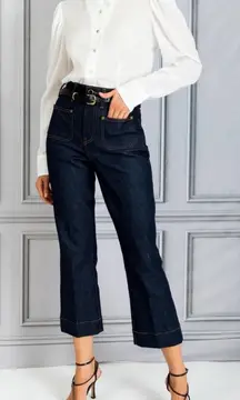 NEW NWOT KHAITE Raquel Patch Pocket Cropped Flare Jean In Raw Wash Dark Wash