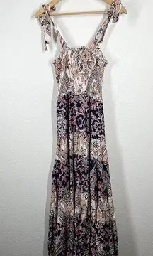 Abel The Label Maxi Dress Size Small S Smocked Tie Straps Tiered Mixed Floral