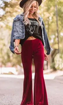 Fringe Studio EUC Burgundy Ribbed Velvet Flare High Rise Pull-On Pants