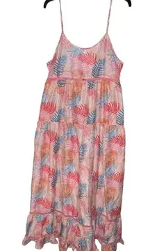 AMERICA AND BEYOND BEACH COVER UP PINK LONG‎ DRESS TROPICAL POM POM WOMEN LARGE