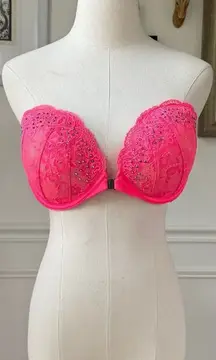 Victoria’s Secret Electric Melon Pink Lace Bling Strapless Bra Magnetic Closure