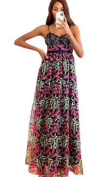 Lulus Lulu’s NEW Divine Delight Floral Embroidered Lace Maxi Dress Black Pink Green XS