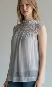 H Trend Ruffle Neck Lace Detail Silk Shell Fully Lined Blouse Size XS Coquette