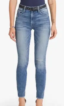 MOTHER Denim High Waisted Looker Jeans, Distressed Ripped Light Blue Wash, 25