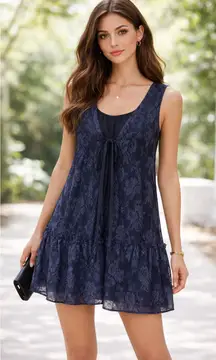 Marc By Marc Jacobs Navy Blue Lace Overlay Front Tie Tunic Mini Dress