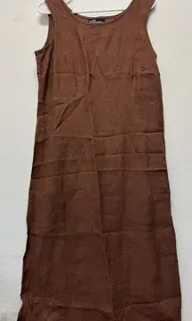 Linen Maxi Dress 12 Sleeveless Brown Embroidered Floral Summer Slit‎