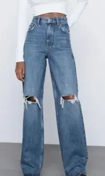 Zara Ripped High Rise Wide Leg Raw Hem Barrel Rigid Jeans Size 2