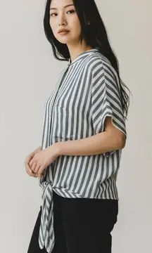 NEW Lulus Womens M Blue White Vertical Stripe Button-Up Tie Front Tunic Top Chic