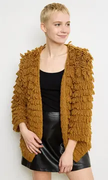 LUSH Anthropology Tan Loop Shaggy Fringe Open Style Cardigan size Medium/ Large