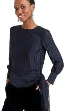 J.Crew New  365 Shadow Stripe Long Sleeve Bow High Neck Blouse Navy 8