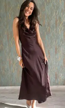 Zara Elegant Brown Sleeveless maxi stin effect Dress holiday party cocktail 