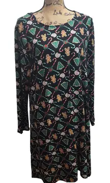 Joyland Womens XL‎ Long Sleeve Christmas Gingerbread Candy Cane Tree Print Dress