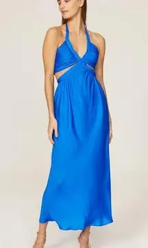 Line and Dot Kara Cobalt Blue Satin Cut Out Halter Midi Dress Size Medium