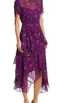 Tanya Taylor Tiered Silk Handkerchief Dress Purple Floral