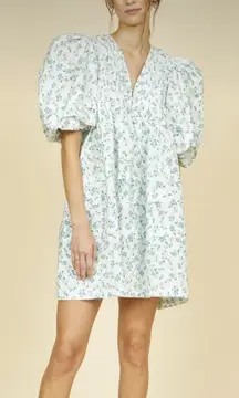 Hunter Bell Jenkins Dress Medium White Blue Green Floral Oversized Puff Sleeve