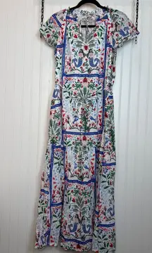 NWT LOFT Mermaid Garden Midi Dress Belt Tie Neck Tiered 100% Cotton Size S