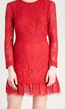 THE KOOPLES | Red Open-Back Floral and Eyelash Lace Edged Dress Sz. Large
