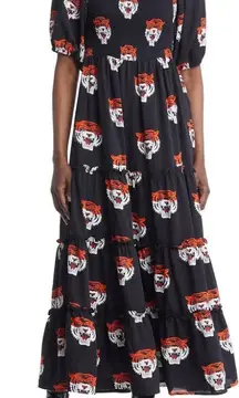 Dressed in Lala Feeling Fierce Smocked Midi Dress Black Tigress Pattern XL
