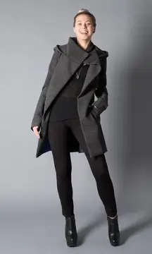 Betabrand by Melissa Fleis All Day Coat Hooded Asymmetric Mid Length Dark Gray S