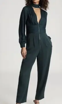 Reiss Kinsley Plunge Tie Detail Dark Green Jumpsuit