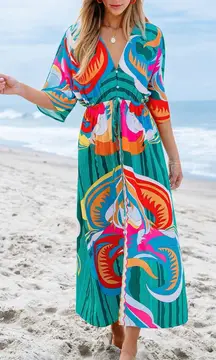 Cupshe Tropical Abstract Print Tie Waist Maxi Dress Resort Short Sleeve Sz S NWT