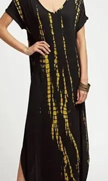 Maxi dress  black-yellow dress double pockets double slits women size LARGE