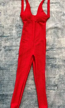 Red Ruched Textured Booty Enhancing Catsuit Jumpsuit Large