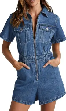 Denim Short Sleeve Zip Up Romper