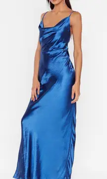 NWT  Satin Bow Back Cowl Neck Maxi Dress in Royal Blue Size 4