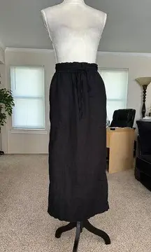 Black Elastic Waist Midi Skirt With Drawstring  & Back Slit