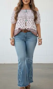 Off Shoulder Top Smocked Short Sleeve White Pink Paisley Print Boho Plus Size 2x