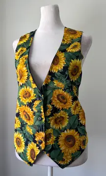 Vintage ‘90s Sunflower Print V-Neck Button Front Relaxed Fit Cotton Vest