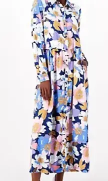 Tolani Collection Floral Maxi Shirt Dress Medium, Long Sleeve Floral Retro Print