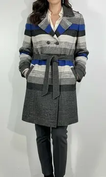 Classiques Entier Womens Wool Blend Belted Double Breasted Stripe Trench Coat L