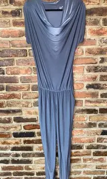 Perla Nera Gray Silver Metallic Short Sleeve Cowl Neck Jumpsuit Women's Size 8