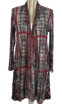 Comfy USA Gray Red Sheer Open Front Hi-Low Duster Cardigan Size Medium