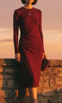 Vince Long Sleeve Ruched Midi Dress Black Rose Merlot Wine Medium