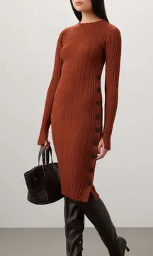Adam Lippes Rust Ribbed Knit Side Button Long Sleeve Sweater Midi Dress Size S