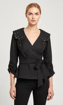 Tadashi Shoji Black Embellished Taffeta Blouse Evening Top Size 14