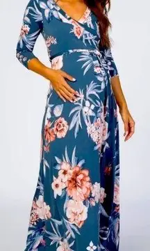 Pinkblush Blue Pink Floral Wrap Maternity Maxi Dress size medium