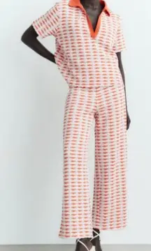 Zara Women's Jacquard Green Pink Colorway Polo Straight Leg Pant Set - Large