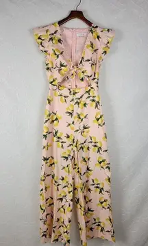 Moodie Womens Jumpsuit Medium Pink Lemon Print Cut Out Bow Tie Flutter Sleeve