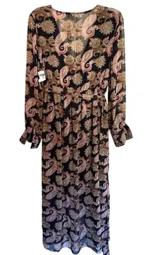 Miss Avenue Paisley Long Sleeve Maxi Dress L Black Pink Sheer Wrap Kaftan Style