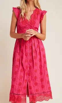 ANTHROPOLOGIE RANNA GIL Tomine Eyelet‎ Midi Dress in Hot Pink NWT