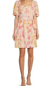 Eliza J Floral Eyelet Square Neckline Short Puff Sleeve Mini Fit and Flare Dress