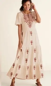 Soft Surroundings Bellmore Gauze Cream Tiered Embroidered Maxi Dress Size Large