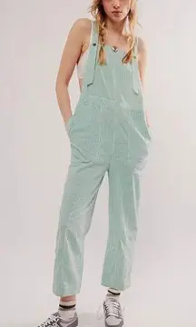 Free People  NWT Salopette In Town Green Striped Overalls Sz Medium NWT