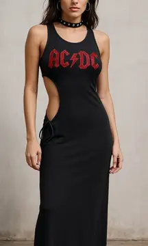 AC/DC Rhinestone Cutout Maxi Dress – Women's M – Rock Band Graphic Tie-Side Dres