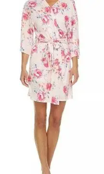 Flora Nikrooz Alisha Floral Short Wrap Tie Lounge Robe Pink White Size Small