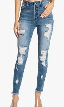 KanCan Heavily Distressed High Waist Buttonfly Midwash Fringe Hem Skinny Jeans
